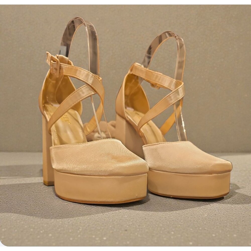 Elegant Champagne Satin Platform High Heel Sandals With Ankle Straps